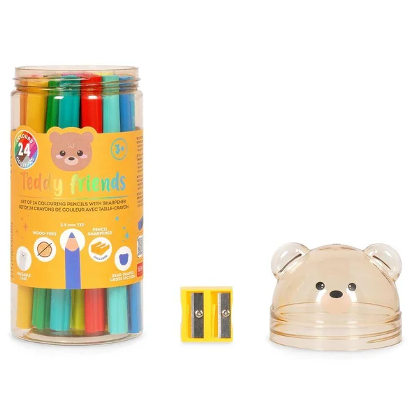 24 CRAYONS COULEUR TAILLE-CRAY - TEDDY FRIENDS - TEDDY BEAR