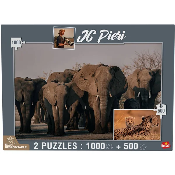 2 PUZZLES 1000 PIECES ET 500 PIECES ELEPHANTS NAMIBIE ET LIONCEAUX TANZANIE - COLLECTION JC PIERI
