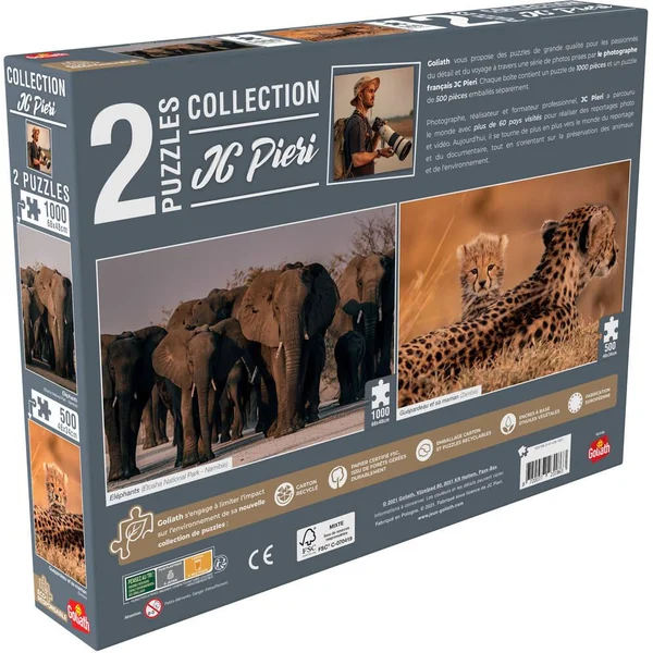 2 PUZZLES 1000 PIECES ET 500 PIECES ELEPHANTS NAMIBIE ET LIONCEAUX TANZANIE - COLLECTION JC PIERI