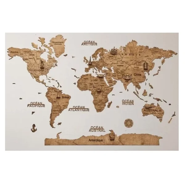 Carte du monde en bois 2D - 80 x 55 cm - taille S Foncée - Creatif Wood