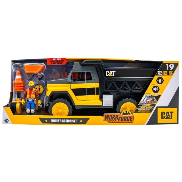 CATERPILLAR - WORKFORCE - CAMION BENNE 33CM SONS, LUMIERES & DETECTEUR DE MOUVEMENTS + 1 FIGURINE & ACCESSOIRES
