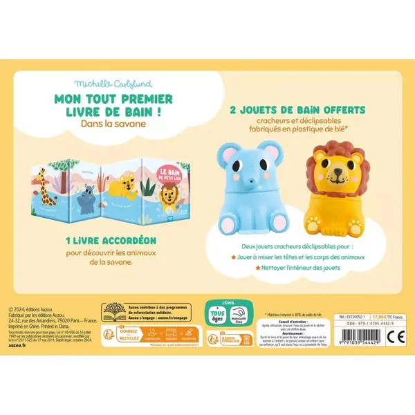 Coffret Mon premier livre de bain : Dans la savane + 2 jouets déclipsables ! - Auzou