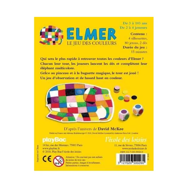 Elmer, le jeu des couleurs | L'école des loisirs | Jeu 3-6 ans
