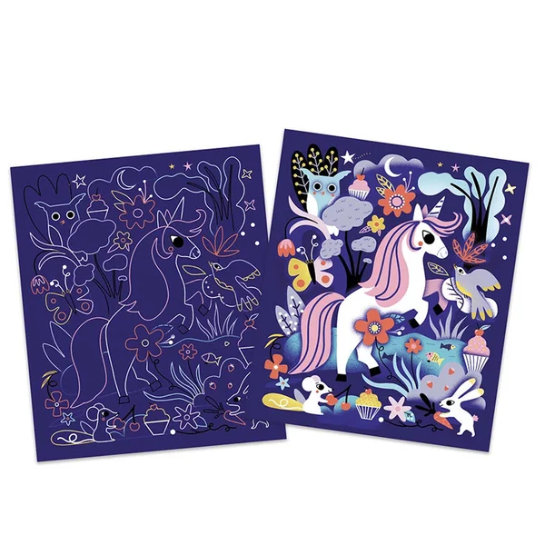 Les Ateliers du Calme : Pochette Scratch Art irrisé Licornes - Janod