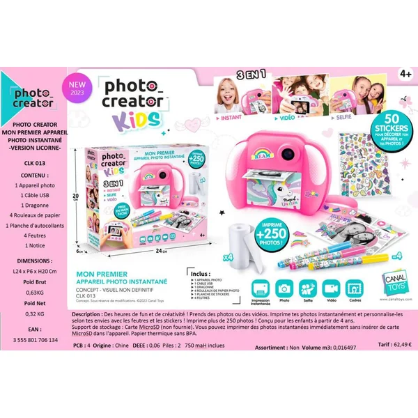 PHOTO CREATOR INSTANTANE JUNIOR LICORNE ROSE