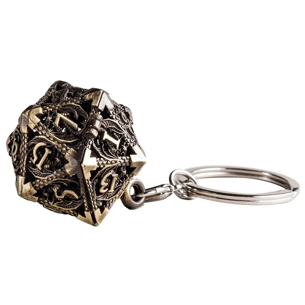 PORTE-CLE D20 VIEIL OR AVEC LOT DE 7 MINI DES METAL 5MM