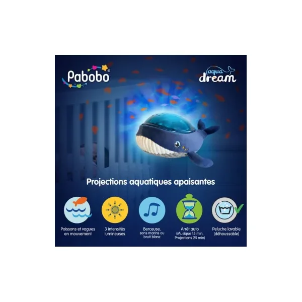 Projecteur Aqua Dream Baleine Pabobo - Peluche Lumineuse et Sons